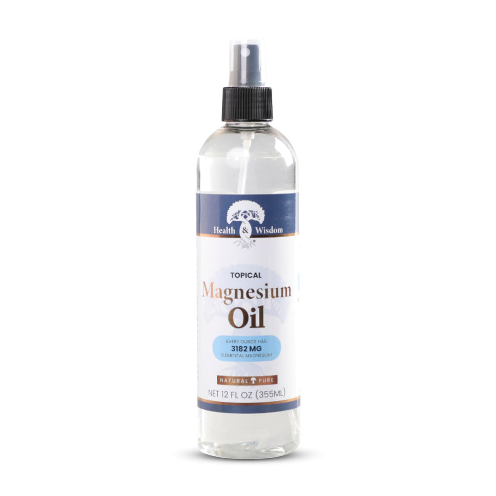 Health and Wisdom Pure Magnesium Oil bottle top showing quick topical absorption for daily use.
