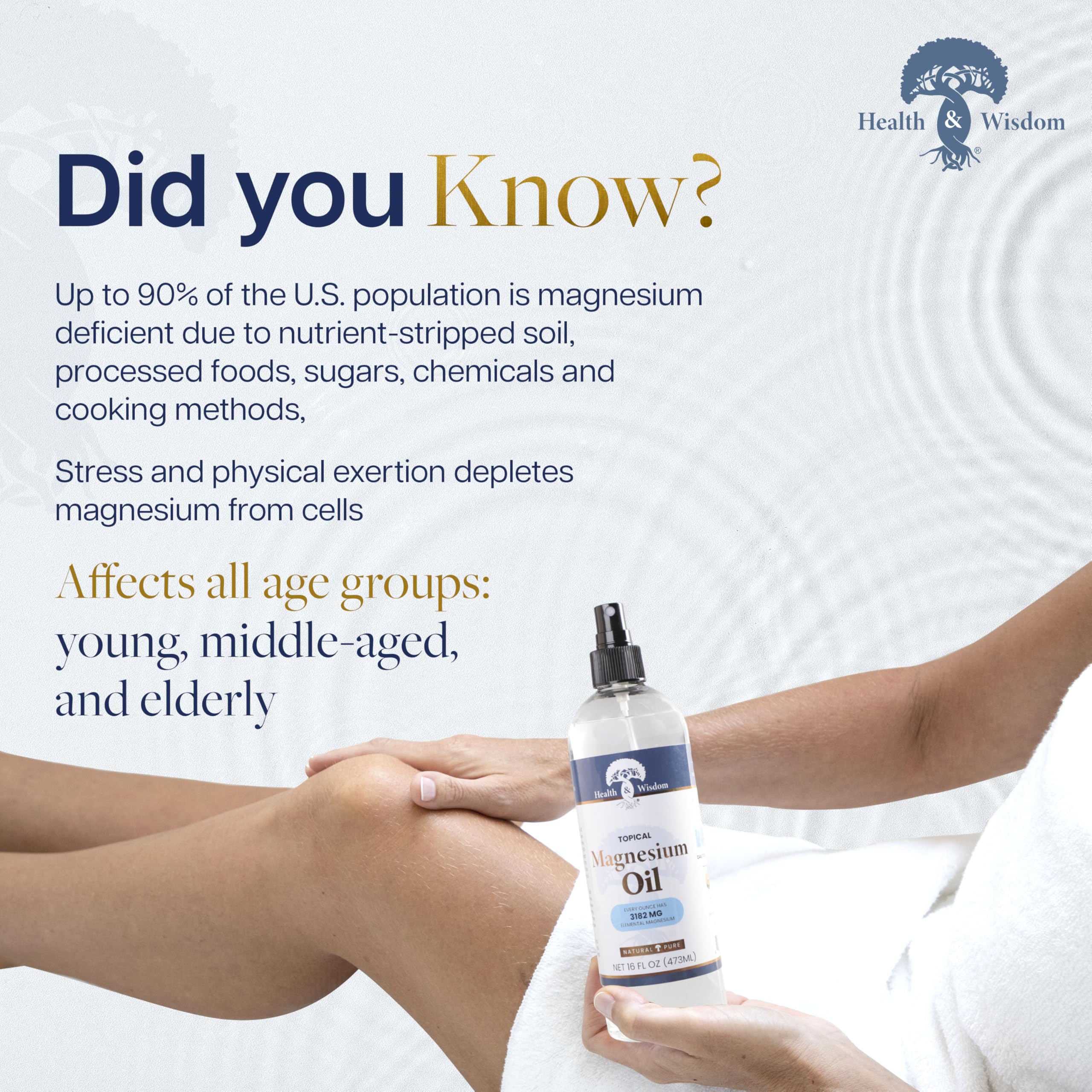Health and Wisdom Magnesium Oil applied topically, suggesting gentle daily support for skin.