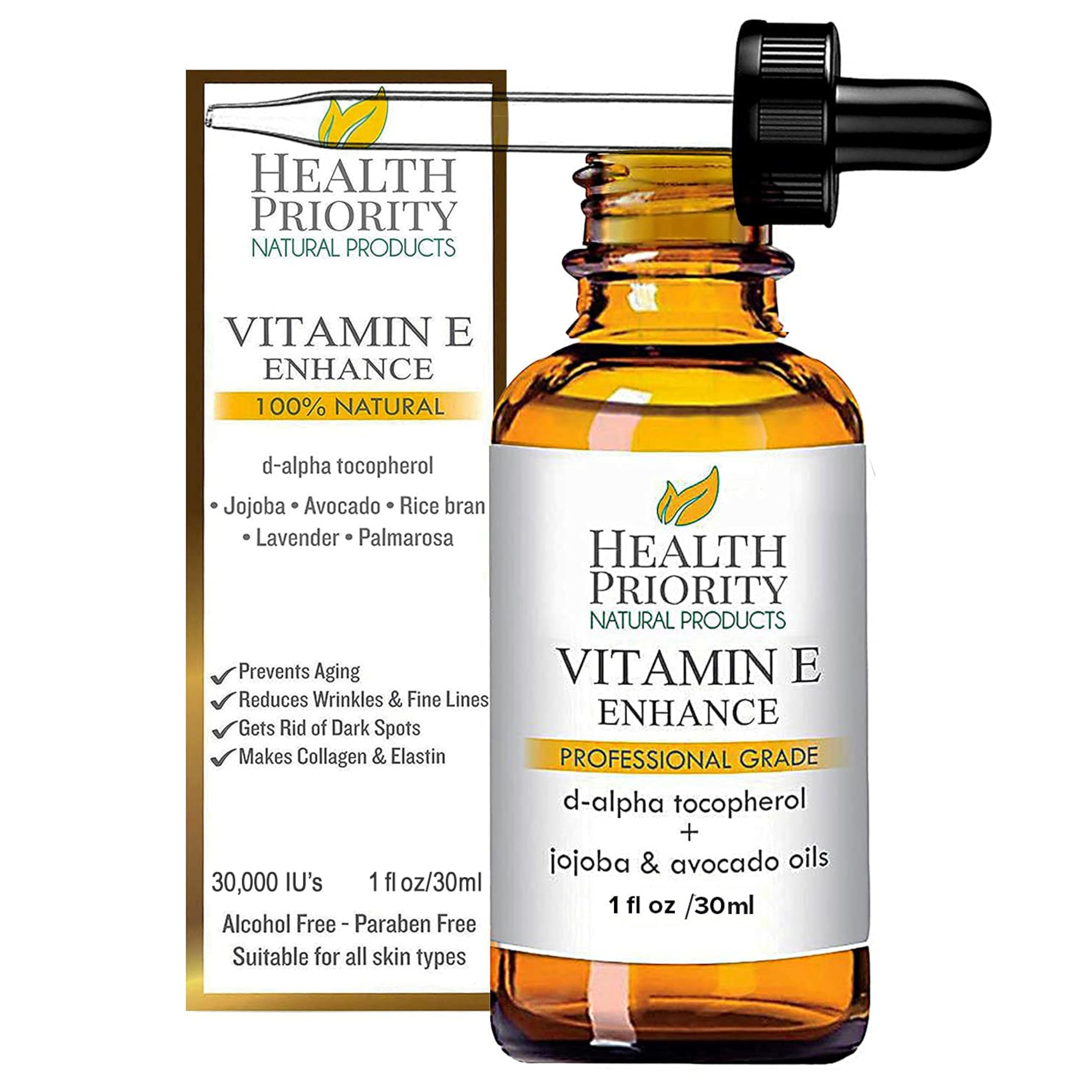 Health Priority Natural Products vitamin E oil bottle showing lavender scent for soothing hydration