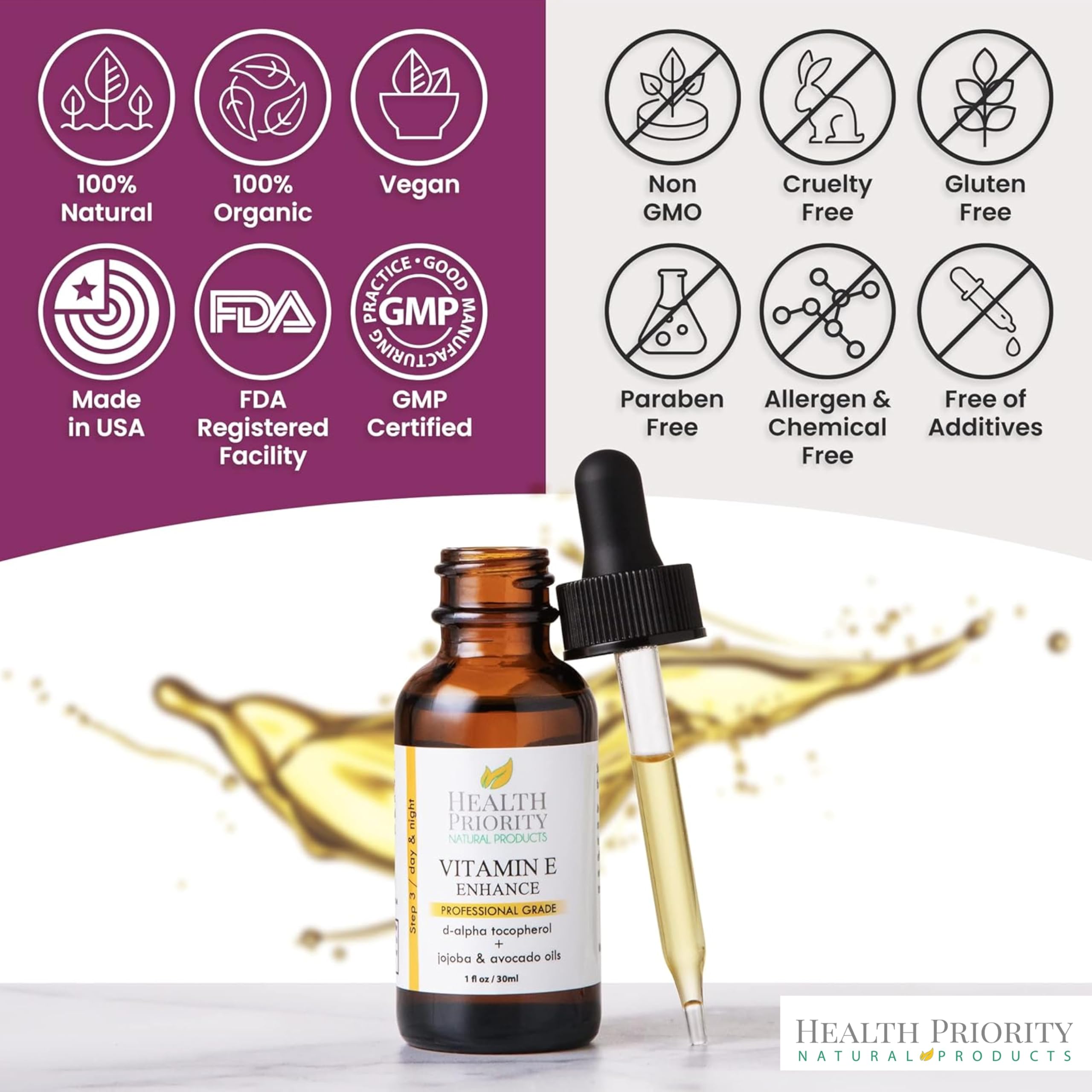 Glowing skin closeup with Health Priority Natural Products vitamin E oil