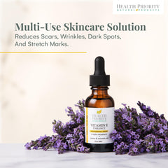 Health Priority Natural Products vitamin E oil being poured for easy daily use