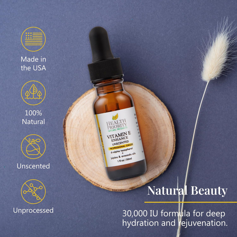 Health Priority Naturals unscented Vitamin E oil packaging suitable for sensitive skin.