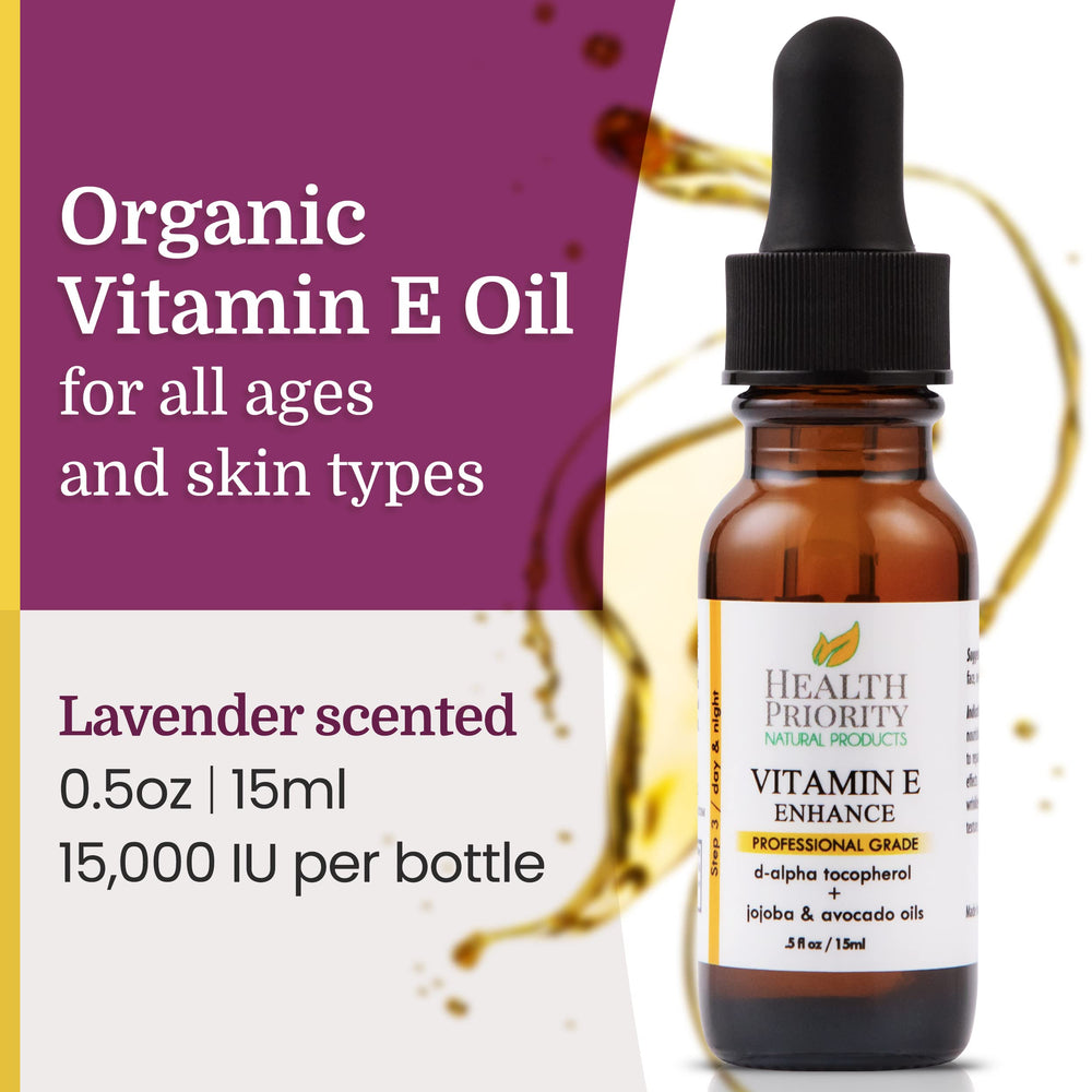 Health Priority Naturals Vitamin E Oil droplet on skin for nourishing moisture.