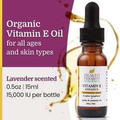 Health Priority Naturals Vitamin E Oil droplet on skin for nourishing moisture.