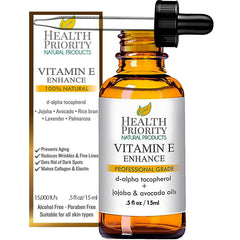 Health Priority Naturals Vitamin E Oil bottle for facial hydration and nourishment.