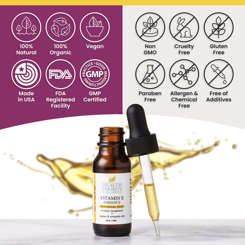 Health Priority Naturals Vitamin E Oil glass dropper with serum on skin.