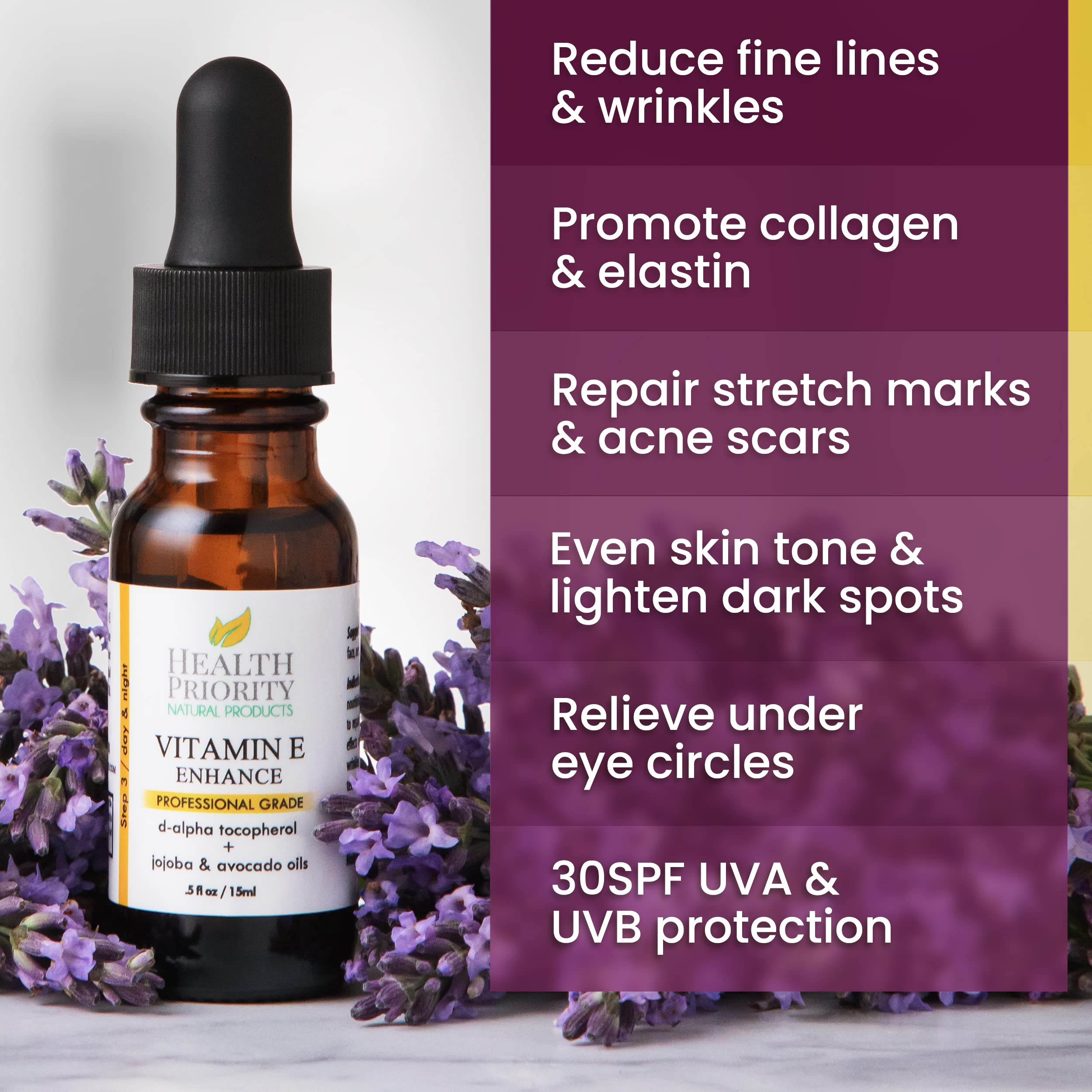 Health Priority Naturals Vitamin E Oil label close-up showing organic ingredients and purity.