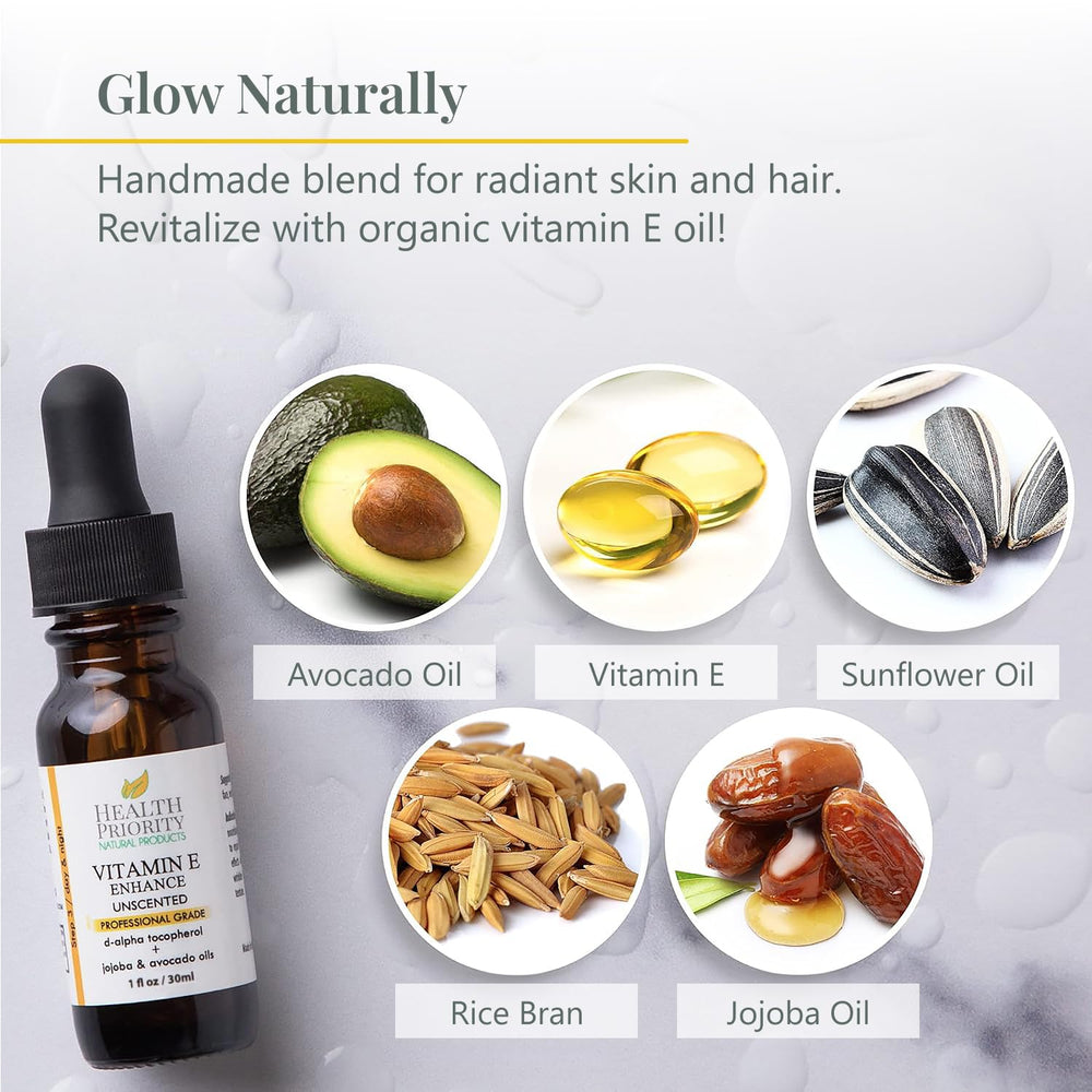 Health Priority Naturals Vitamin E oil bottle 1 fl oz for easy daily use.