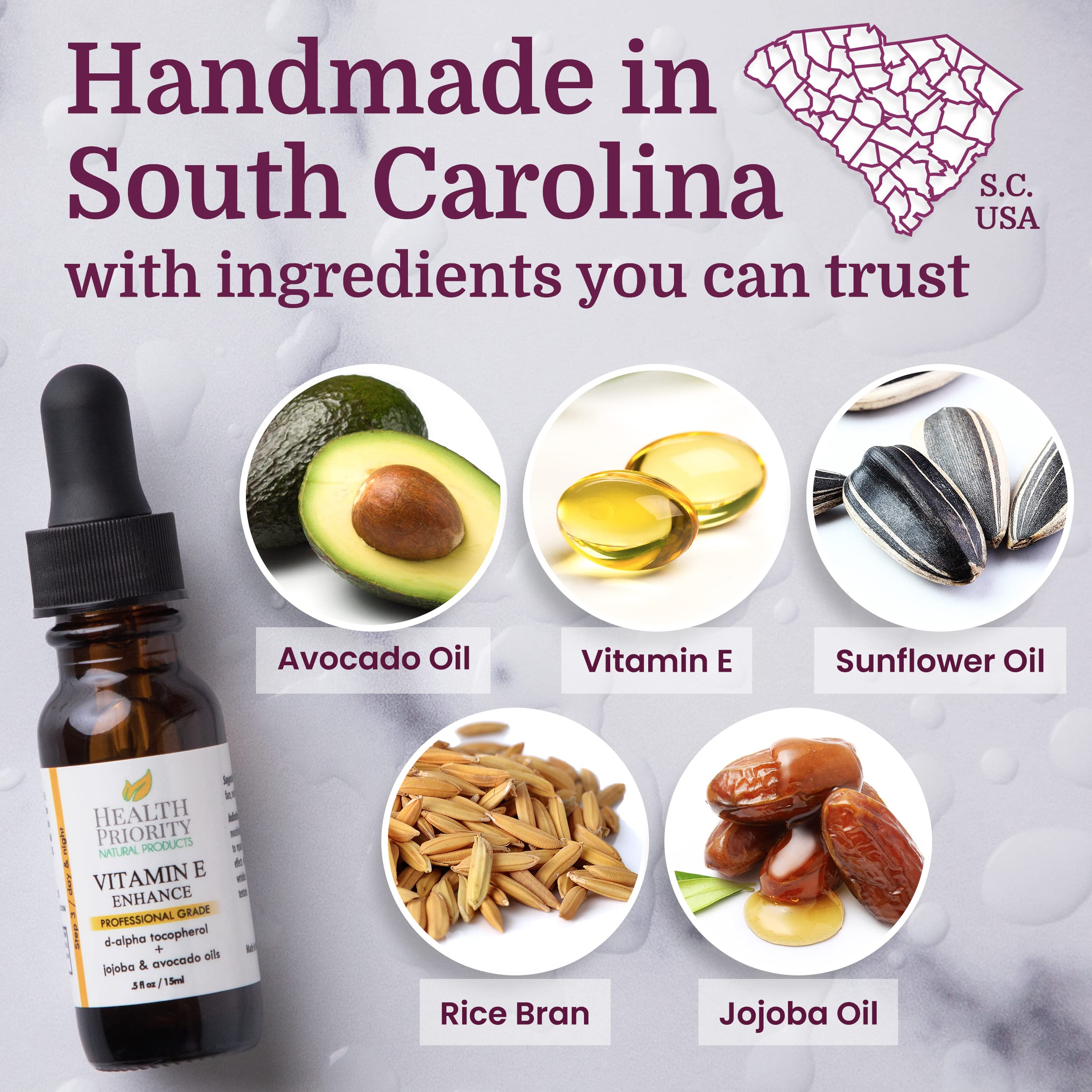 Health Priority Naturals Vitamin E Oil packaging highlights vegan and non-GMO attributes.