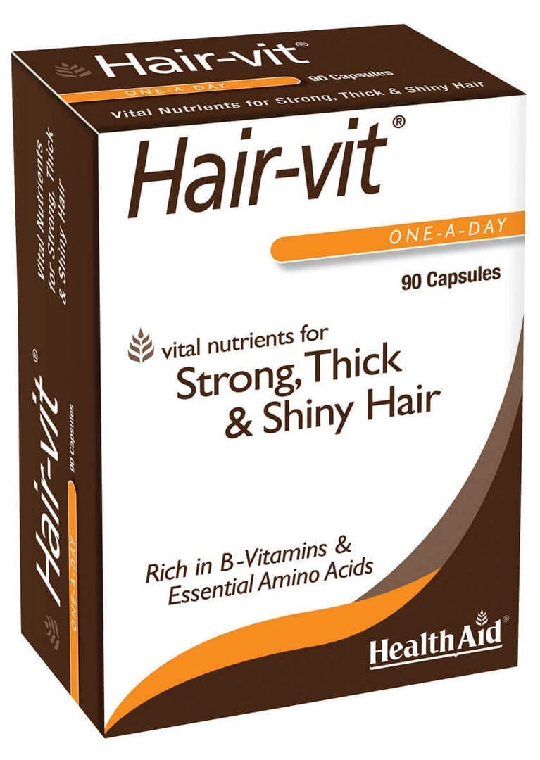 HealthAid Hair-VIT capsule close-up showing daily support for healthy hair appearance.