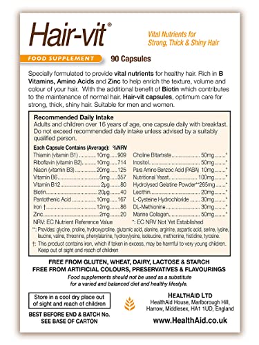 HealthAid Hair-VIT ingredients label, reveals biotin and B vitamins for scalp support.