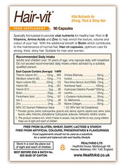 HealthAid Hair-VIT ingredients label, reveals biotin and B vitamins for scalp support.