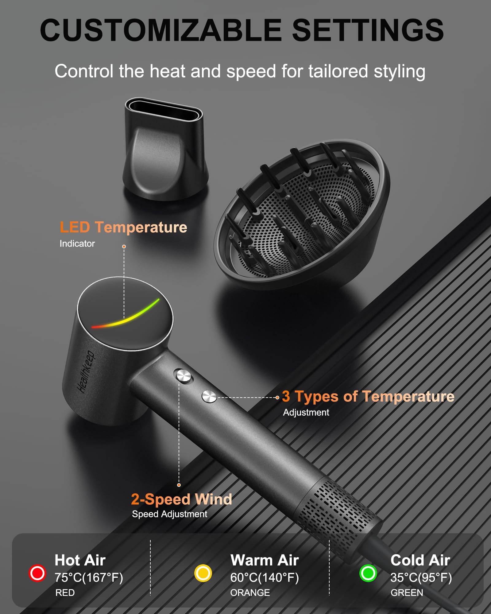 Healthkeep dryer features a clear noise level indicator for quiet operation.