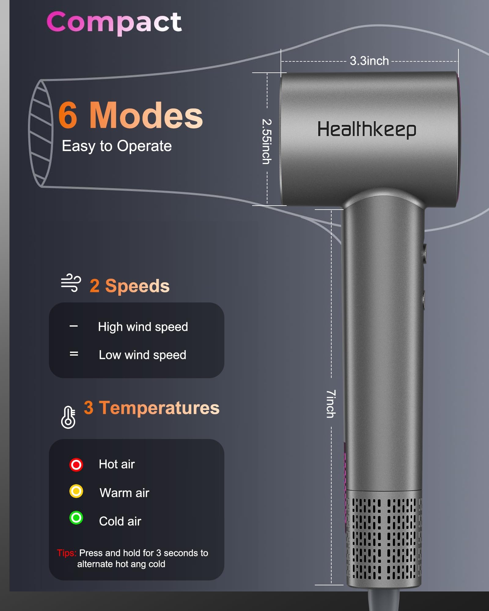 Healthkeep travel-compact dryer design suited for home or on-the-go use.