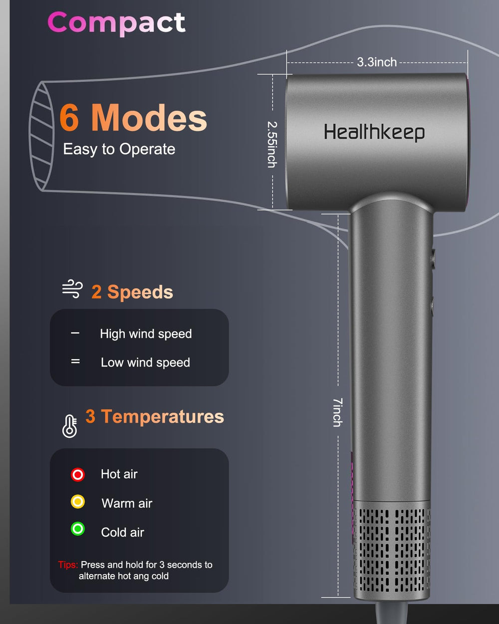 Healthkeep travel-compact dryer design suited for home or on-the-go use.