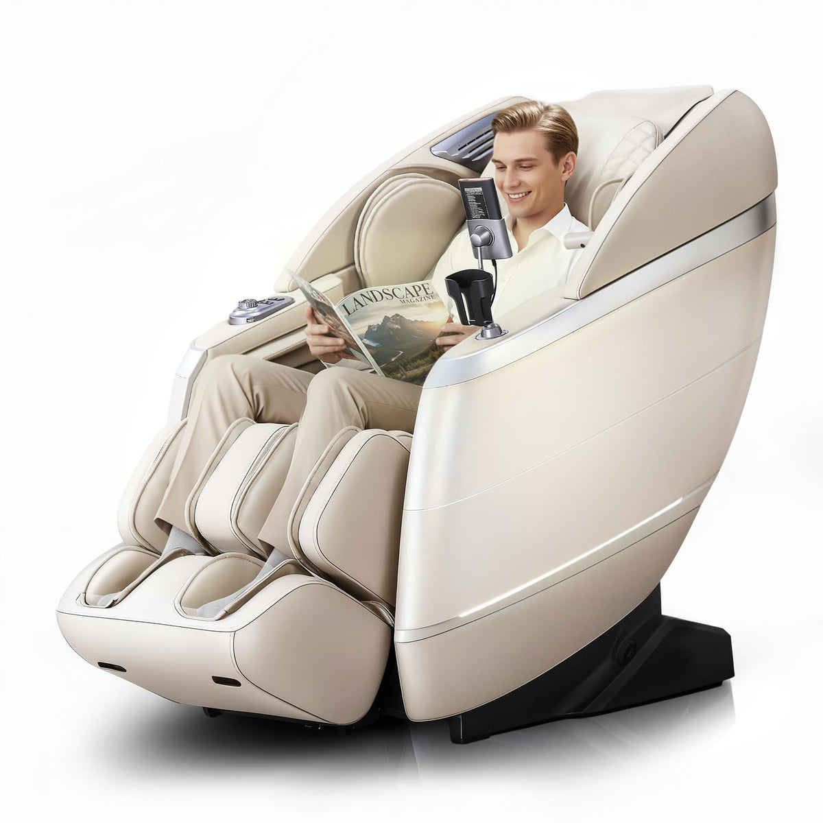 HealthRelife 4D massage chair front view in beige for immersive full-body relaxation