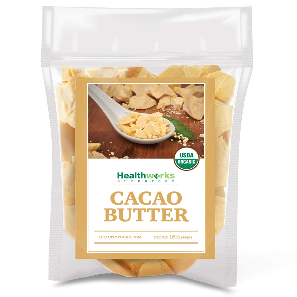 Healthworks Cacao Butter in a jar, ideal for desserts and DIY treats.