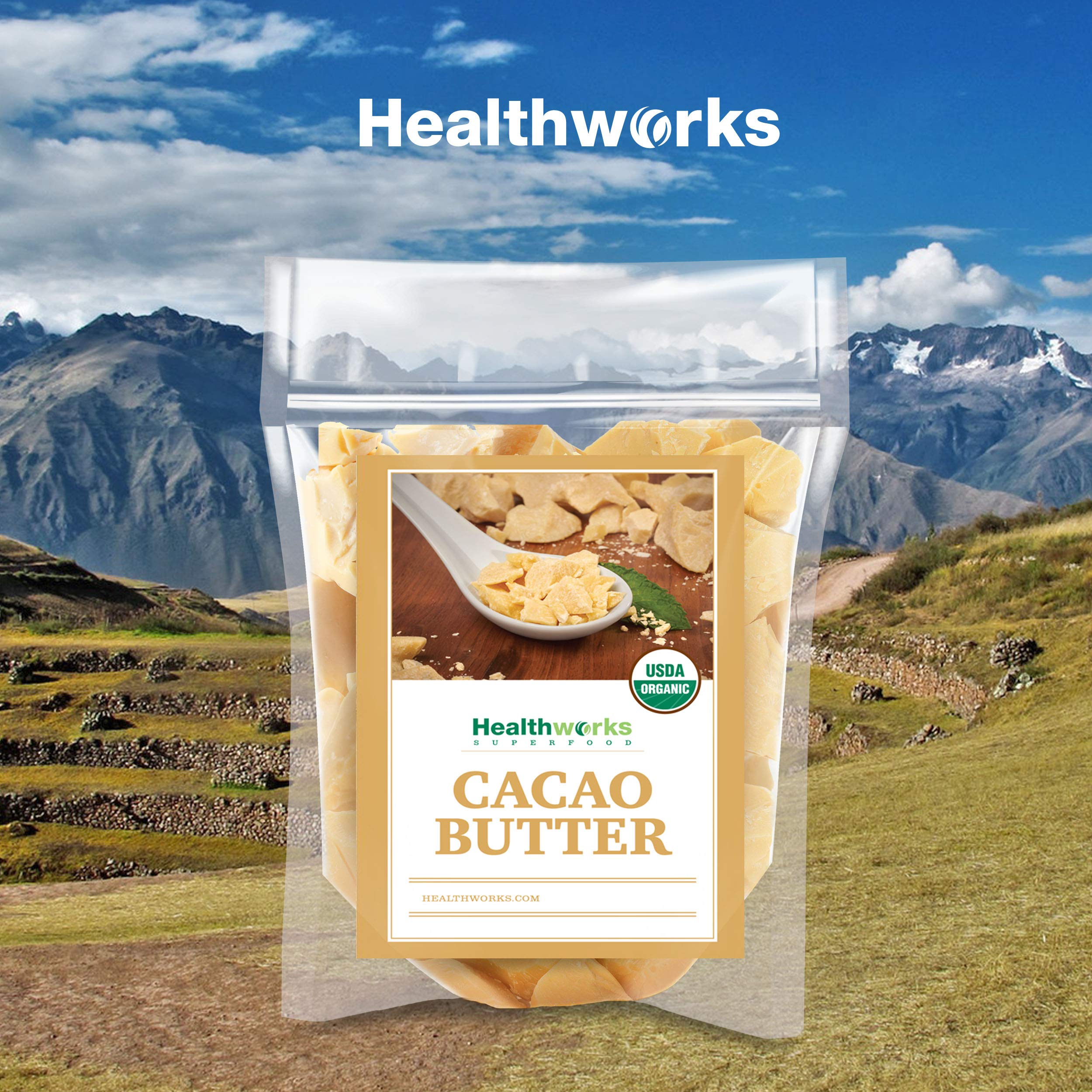Healthworks cacao butter used as a skin-care base with cocoa scent.