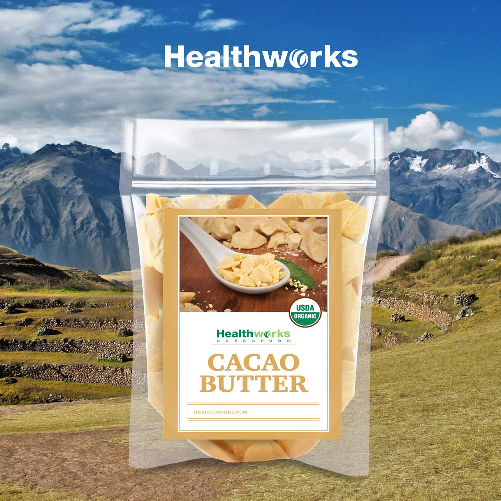 Healthworks cacao butter used as a skin-care base with cocoa scent.