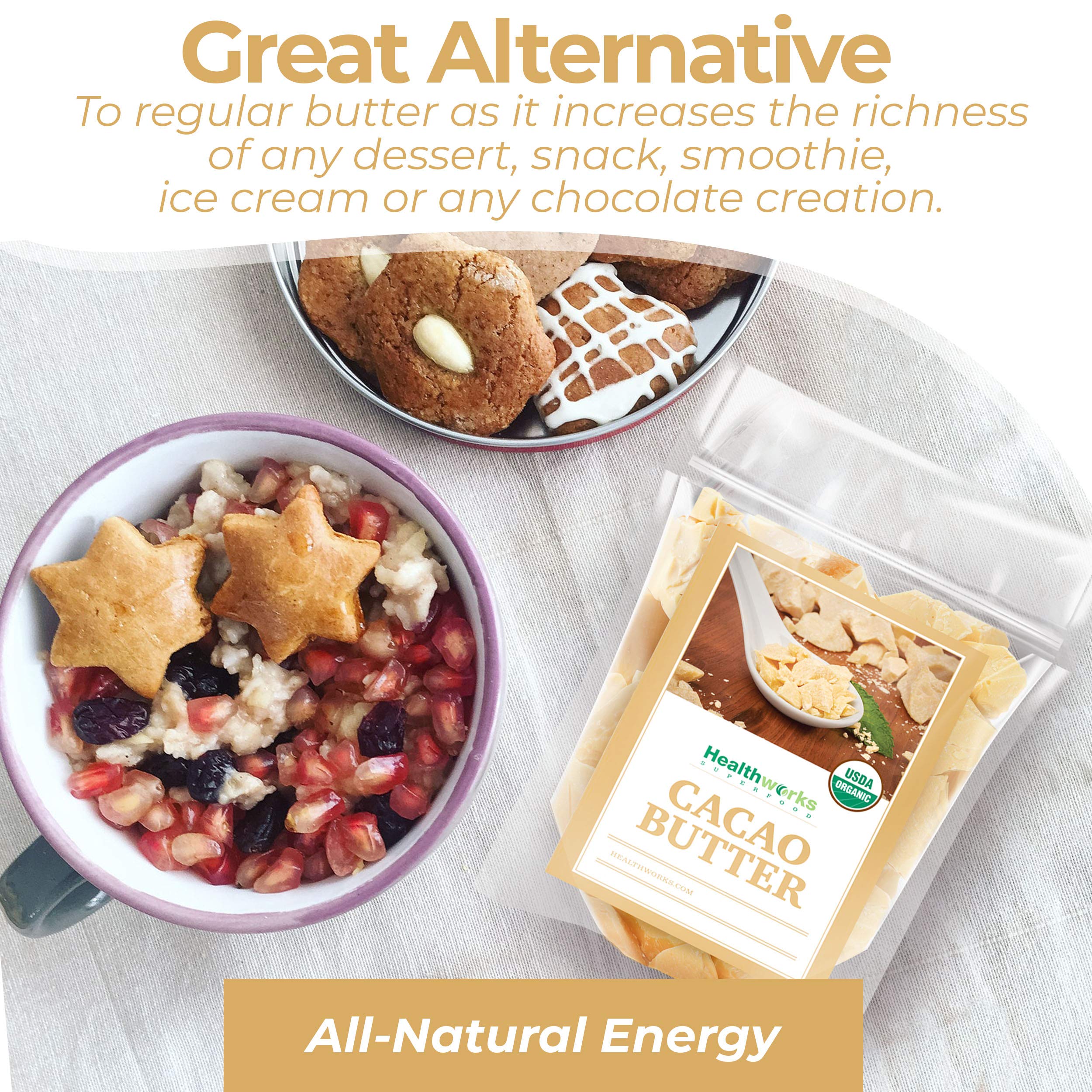 Healthworks Cacao Butter is sugar-free and suitable for keto-friendly desserts.