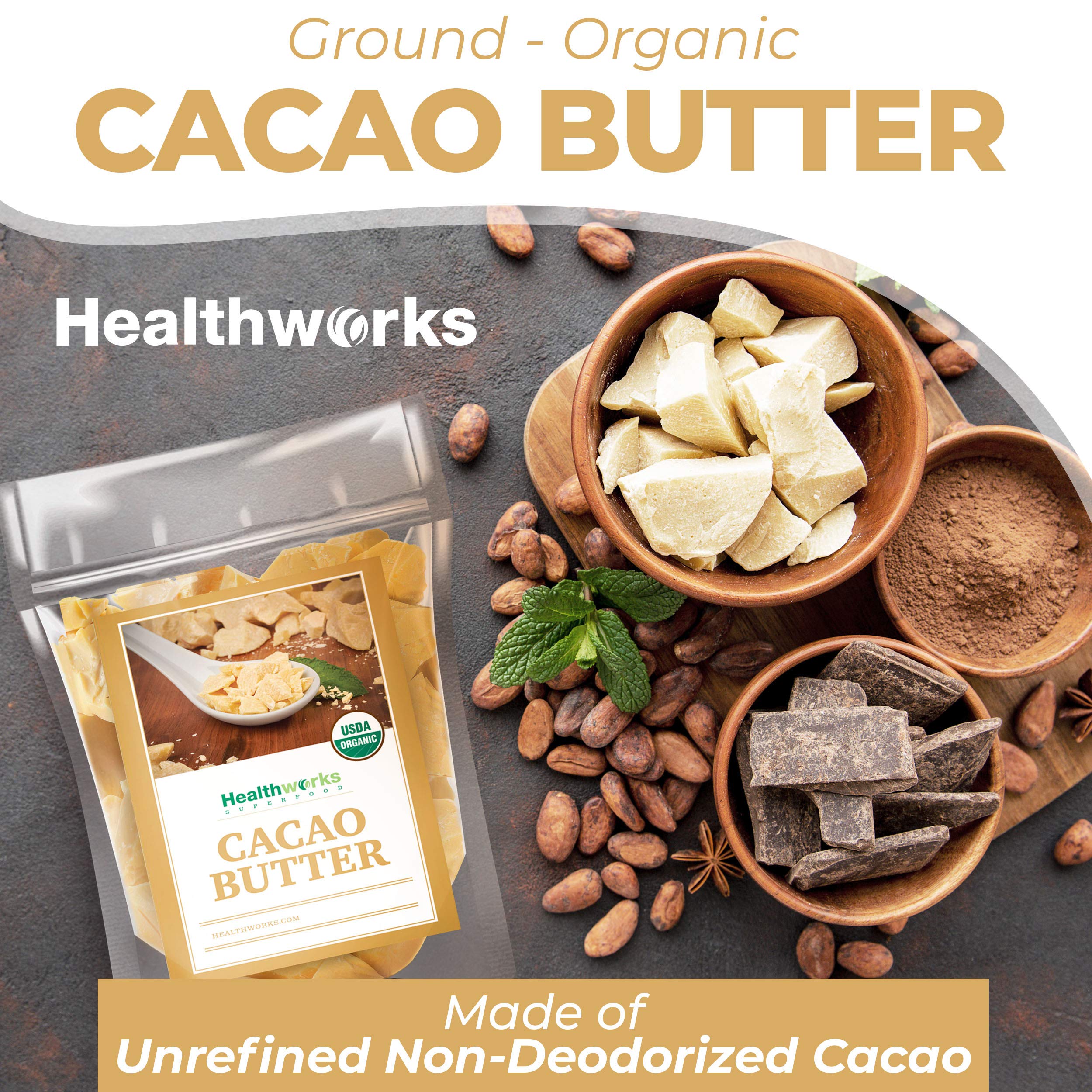 Healthworks unrefined, non-deodorized cacao butter preserves natural aroma for skincare.