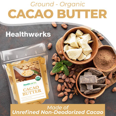 Healthworks unrefined, non-deodorized cacao butter preserves natural aroma for skincare.