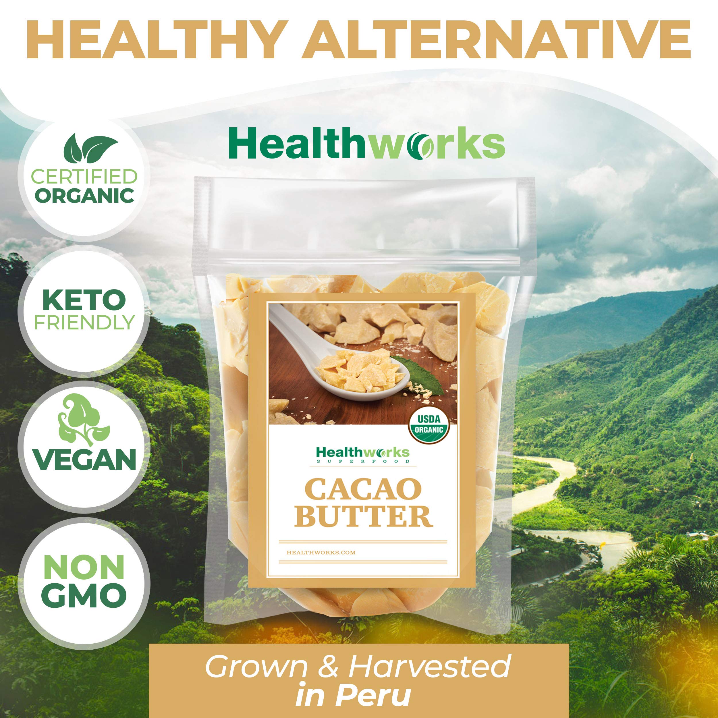Vitamin E-rich Healthworks cacao butter nourishes skin when melted and blended.