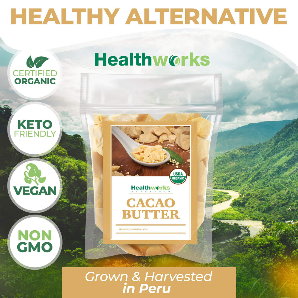 Vitamin E-rich Healthworks cacao butter nourishes skin when melted and blended.