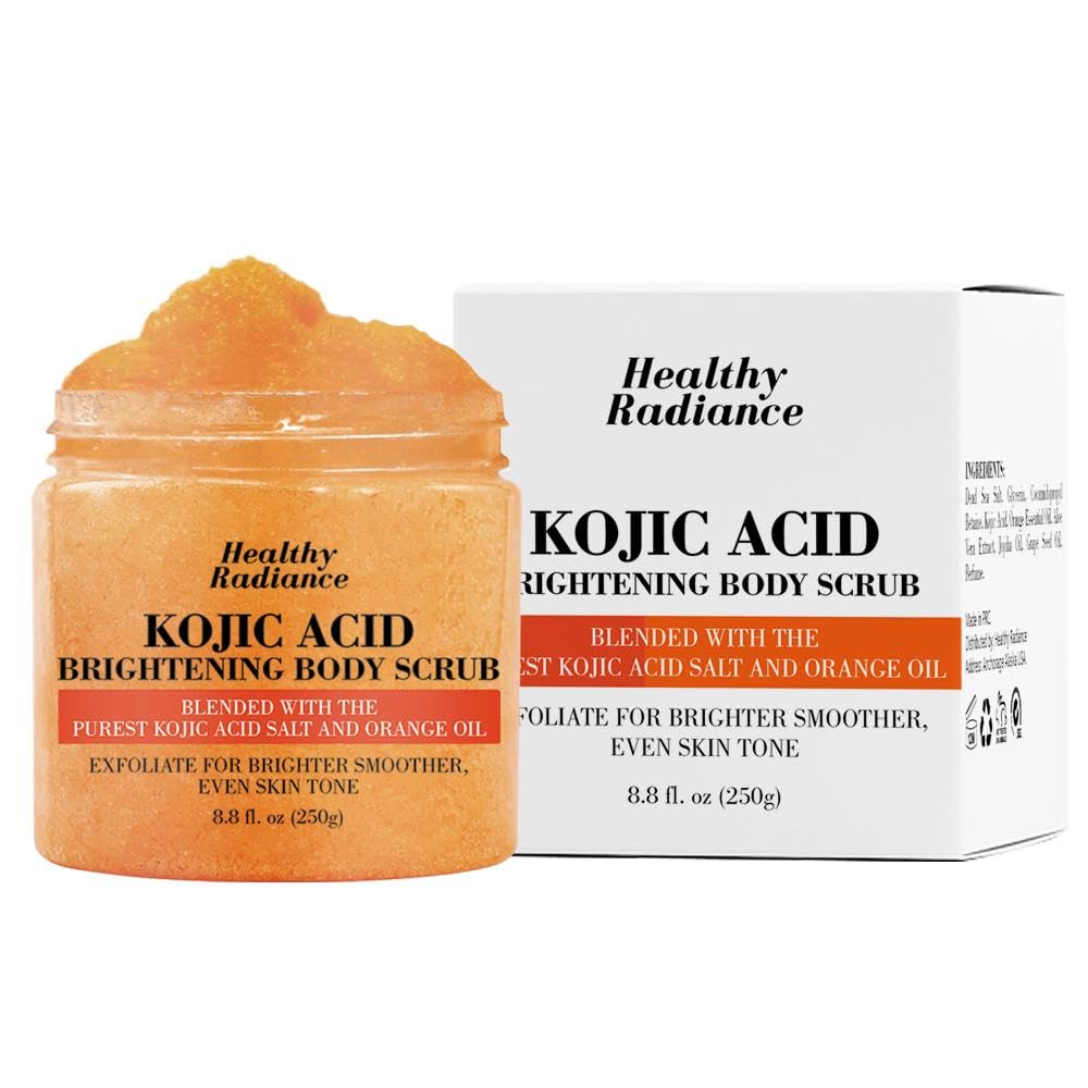 Healthy Radiance Kojic Acid salt close-up shows mineral exfoliation texture.