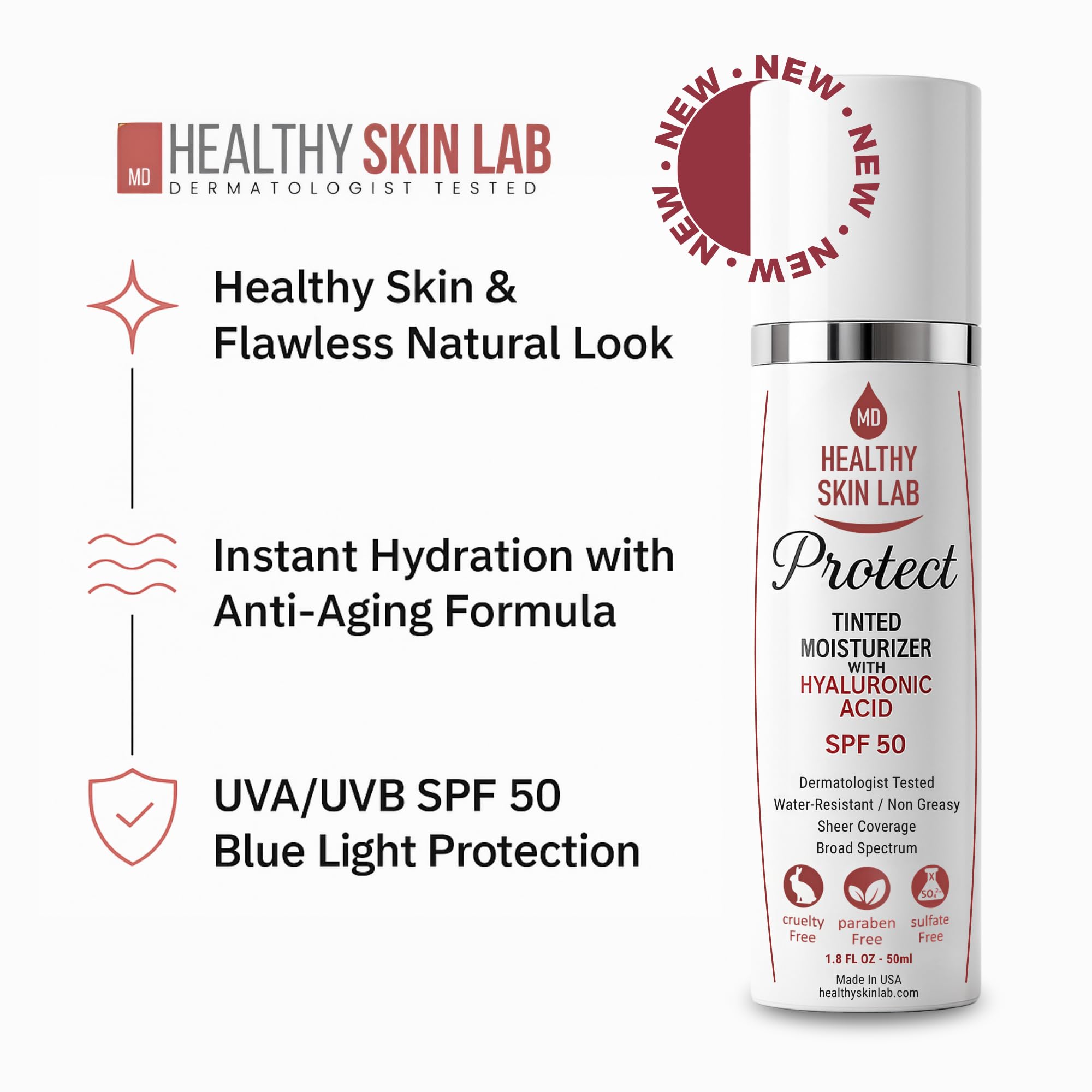 Healthy Skin Lab Protect label highlights mineral sunscreen ingredients.