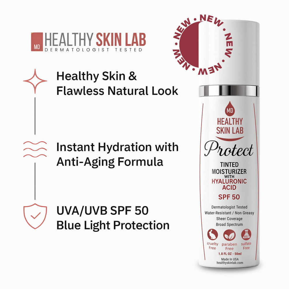Healthy Skin Lab Protect label highlights mineral sunscreen ingredients.