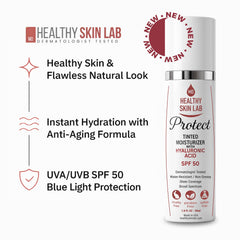 Healthy Skin Lab Protect label highlights mineral sunscreen ingredients.