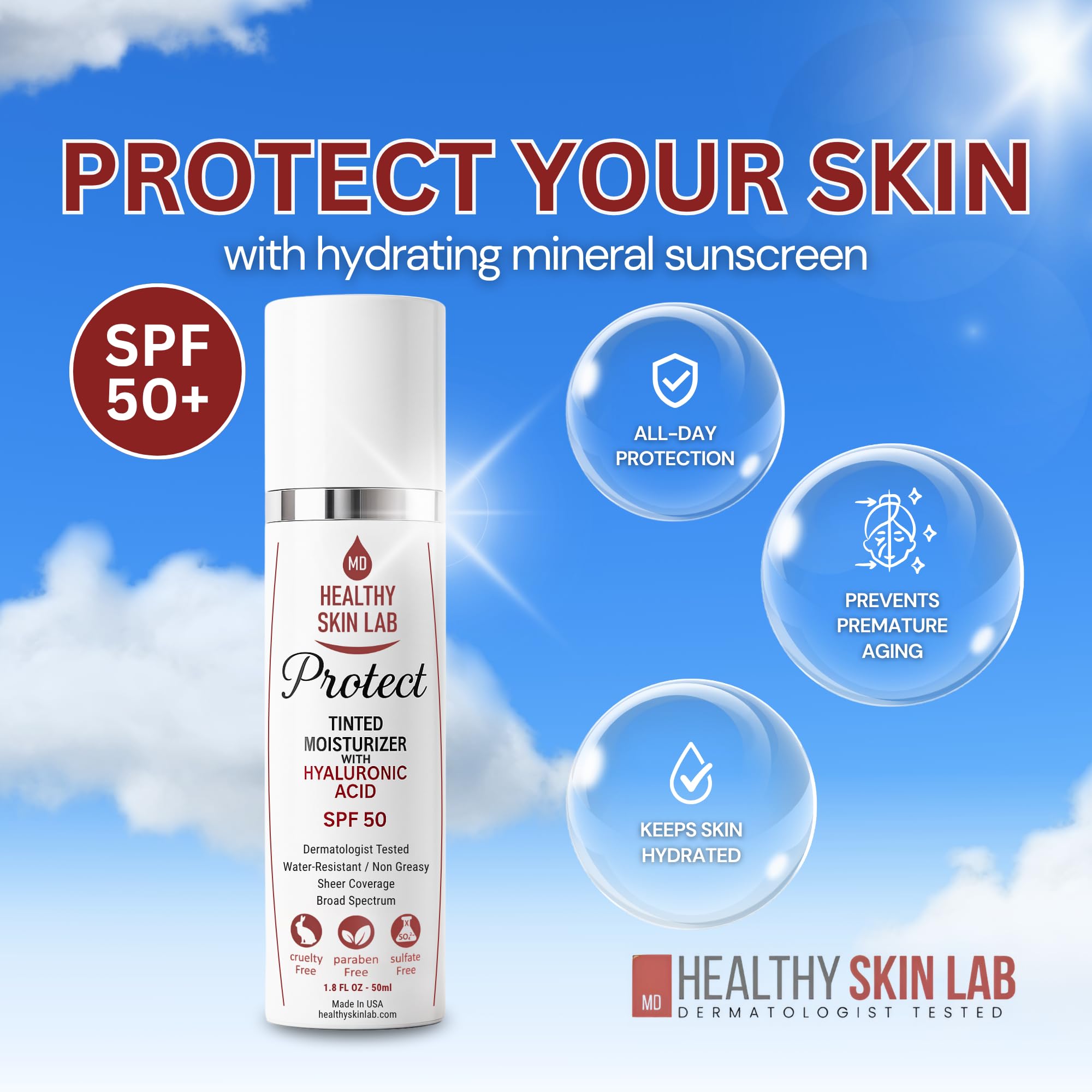 Healthy Skin Lab Protect swatch on hand shows light, breathable coverage.