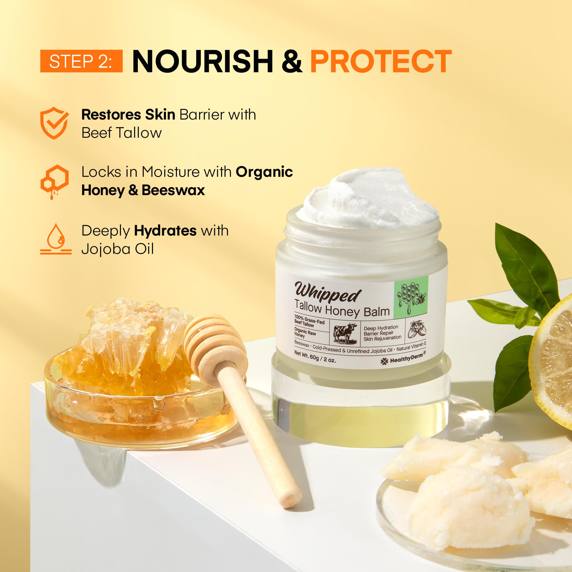 HealthyDerm Balm texture close-up—creamy, lipid-rich formula seals hydration.