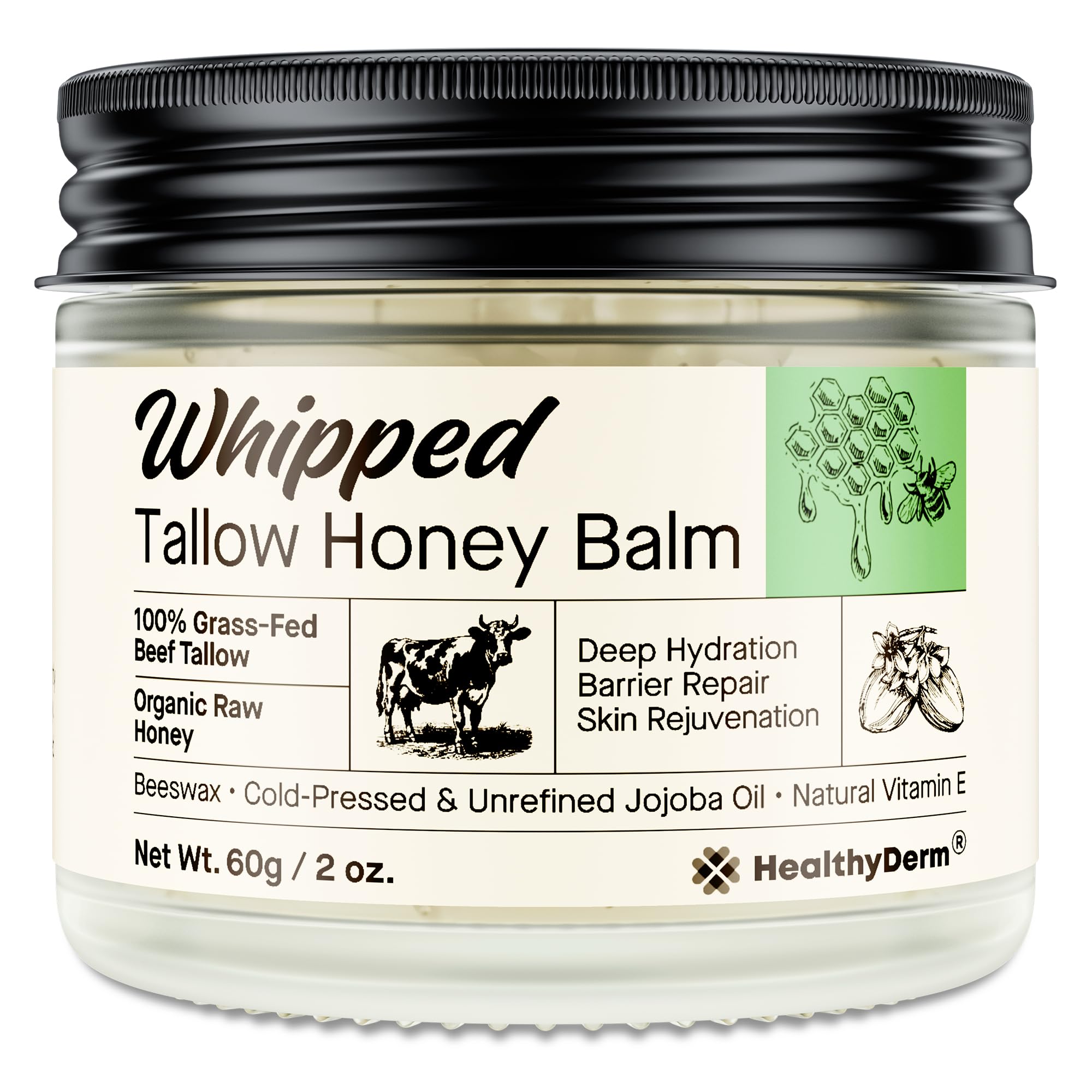 HealthyDerm Beef Tallow Honey Balm jar close-up showing creamy texture for dry skin