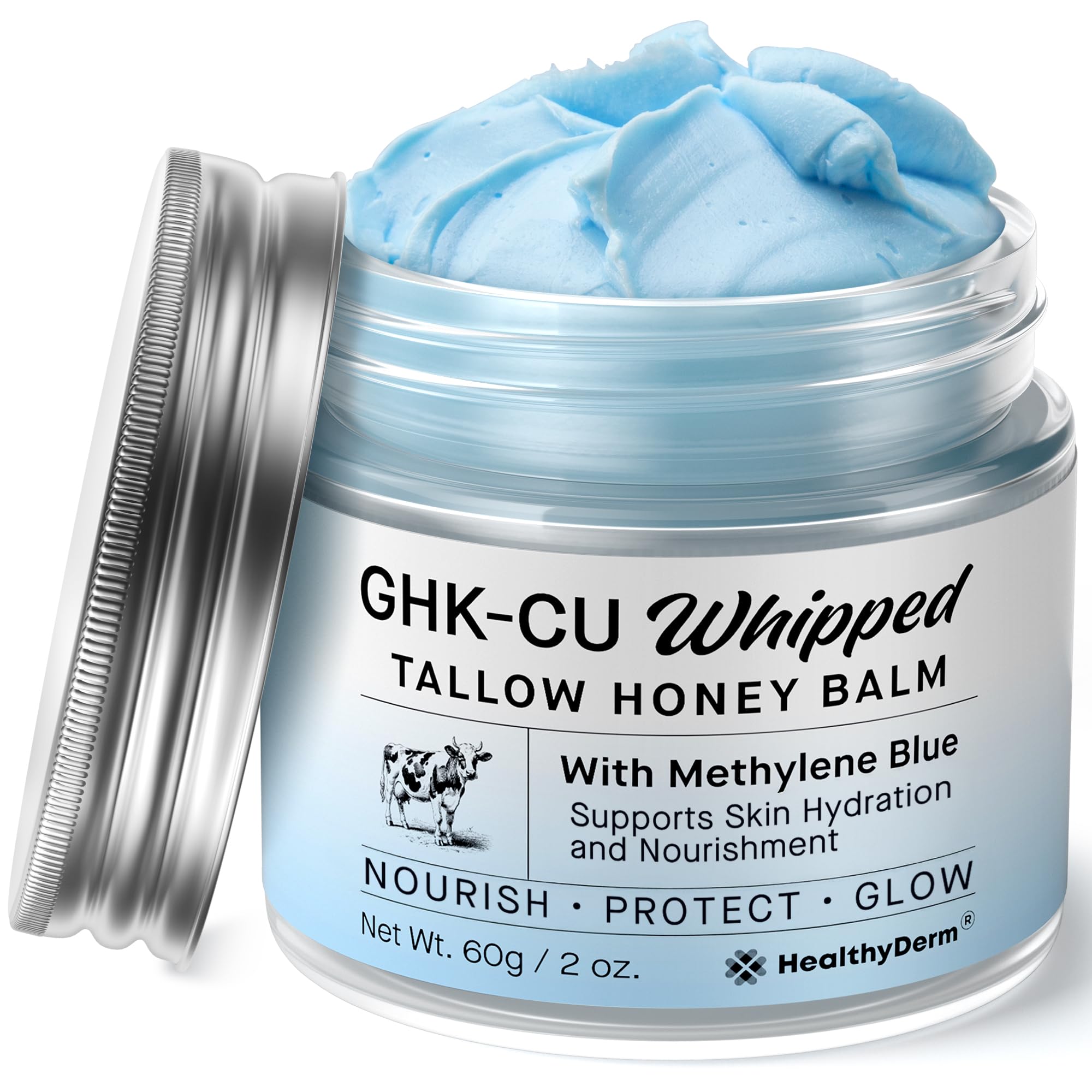 HealthyDerm Copper Peptides Balm jar closeup showing texture and glow.