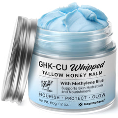 HealthyDerm Copper Peptides Balm jar closeup showing texture and glow.