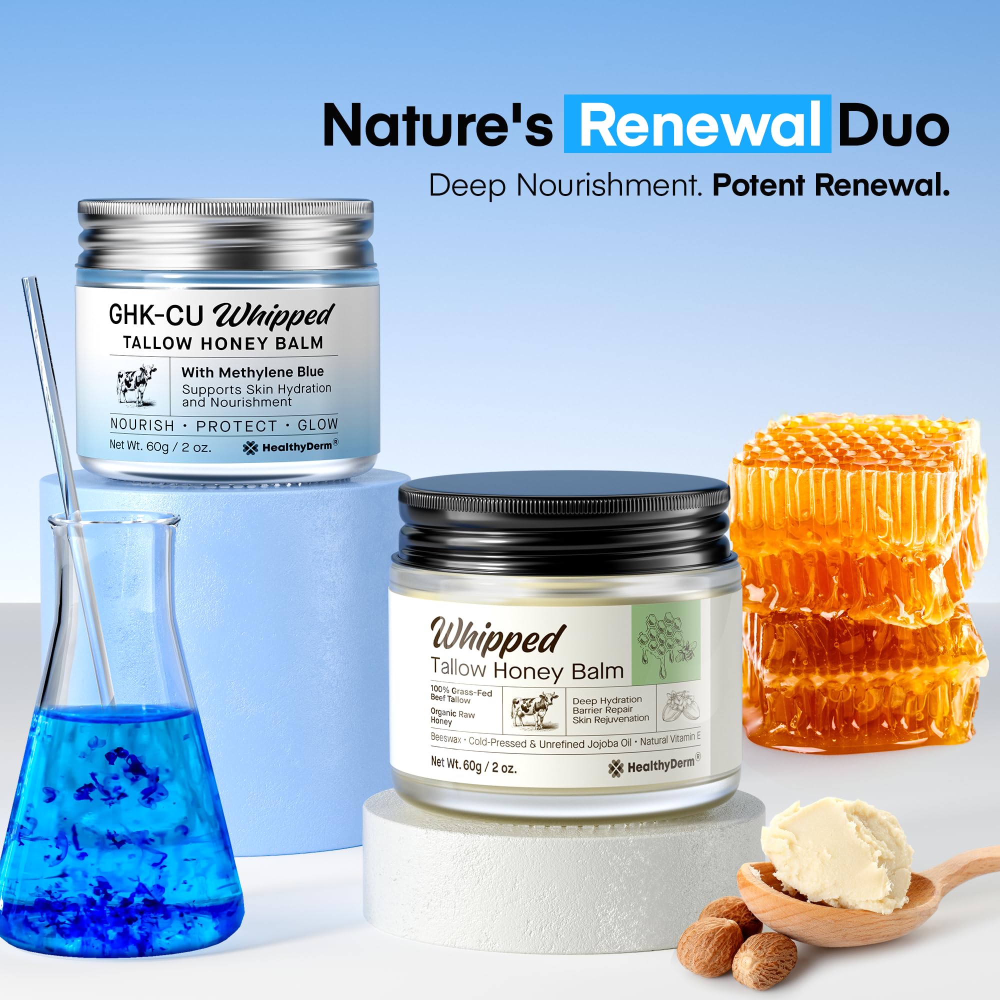 HealthyDerm Copper Peptide Blue Balm tube applied to the face for renewal