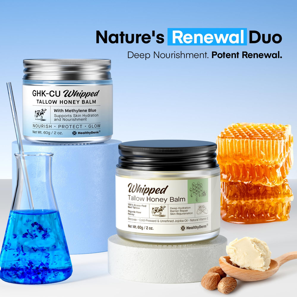 HealthyDerm Copper Peptide Blue Balm tube applied to the face for renewal