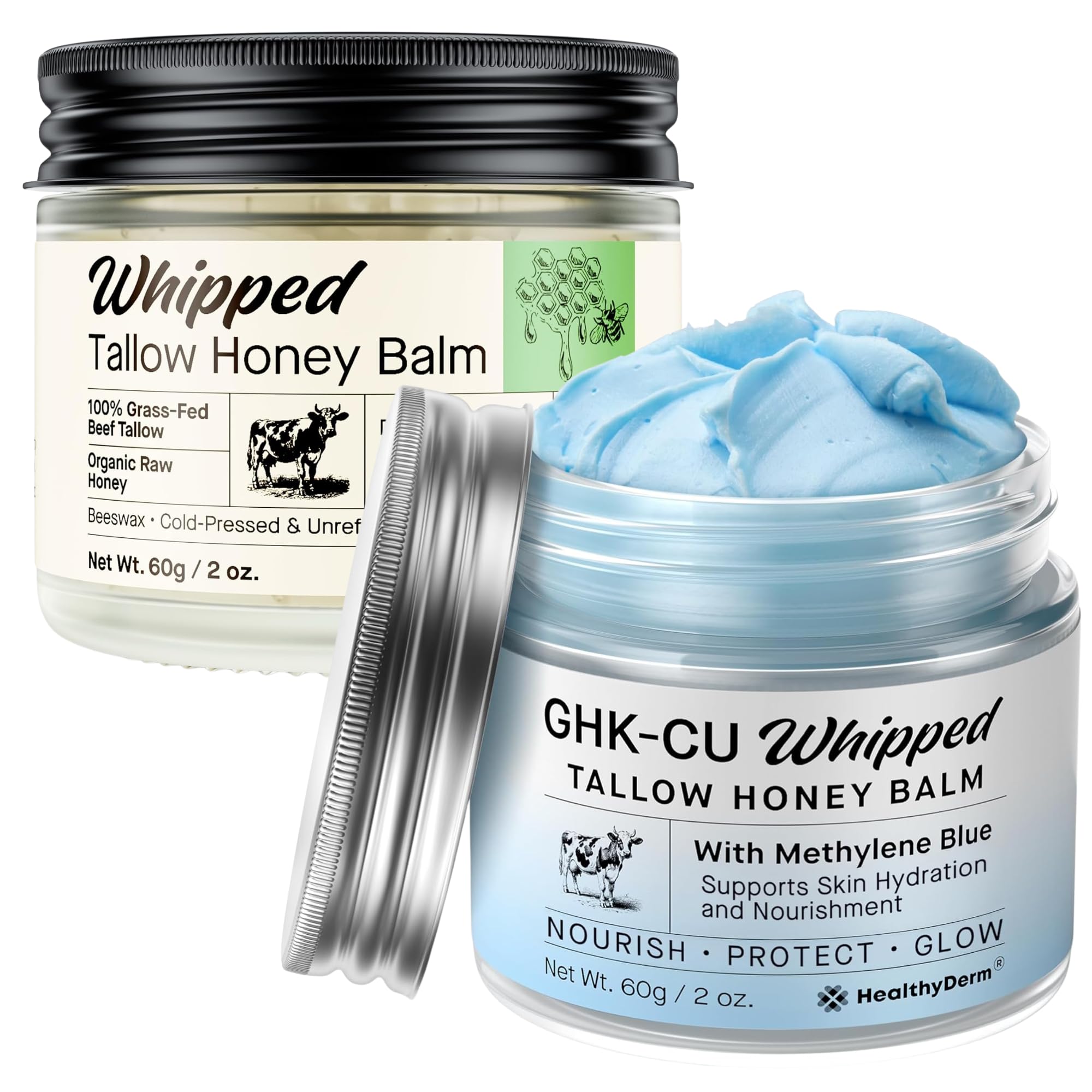 HealthyDerm Honey Tallow Balm jar showing nourishing formula for dry skin