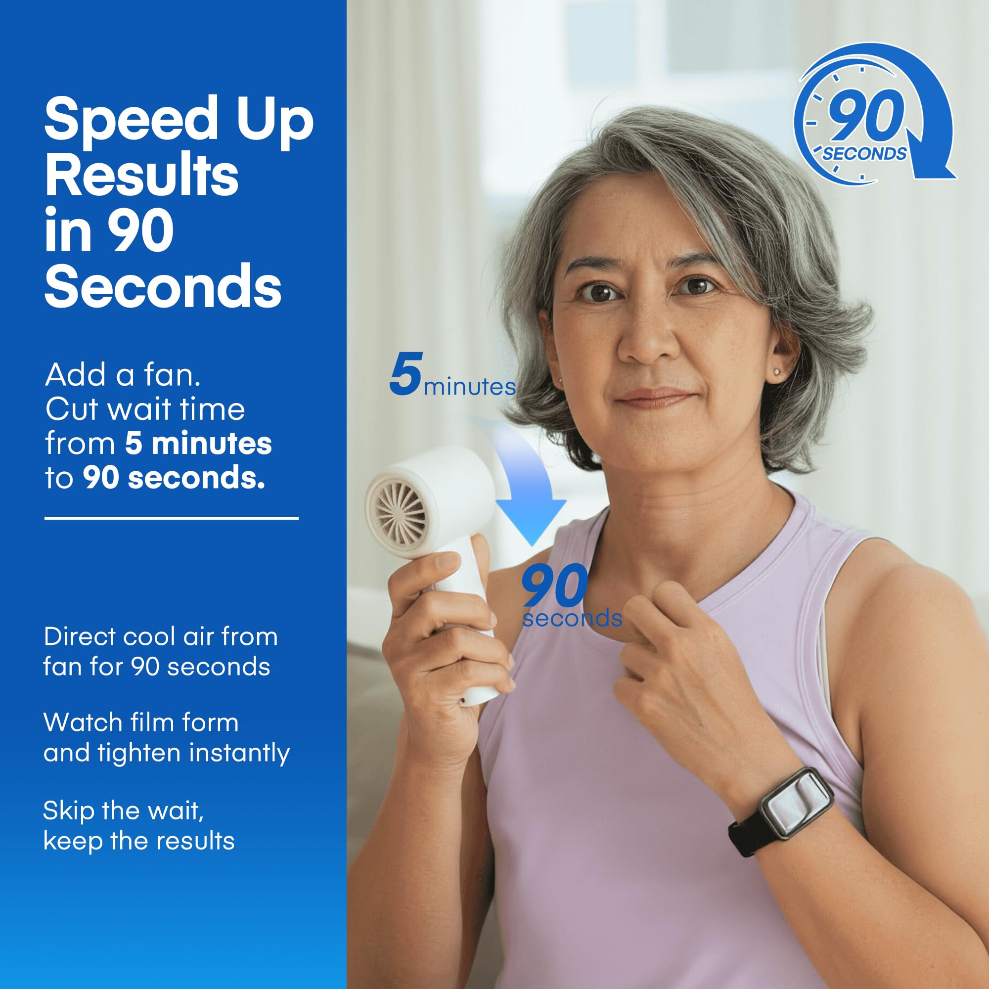 Cooling air speeds drying of HealthyDerm serum on the under-eye area.
