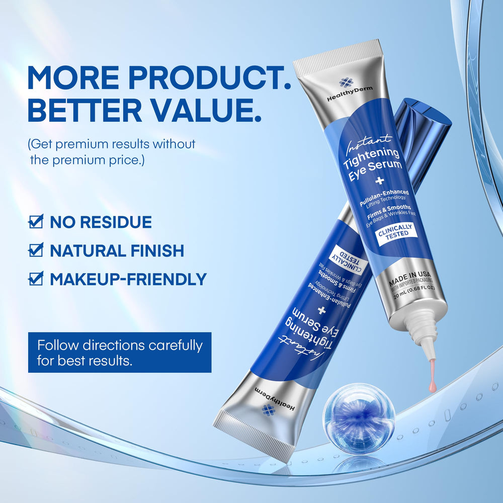 Morning routine scene with HealthyDerm serum for refreshed eyes.