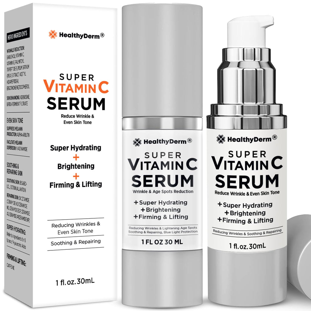 HealthyDerm super vitamin c serum bottle highlighting brightening formula for mature skin