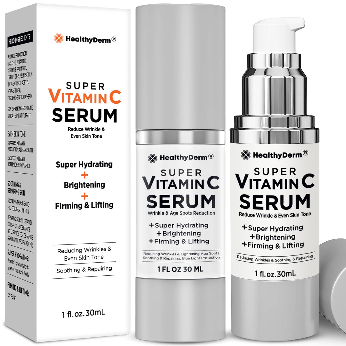 HealthyDerm super vitamin c serum bottle highlighting brightening formula for mature skin