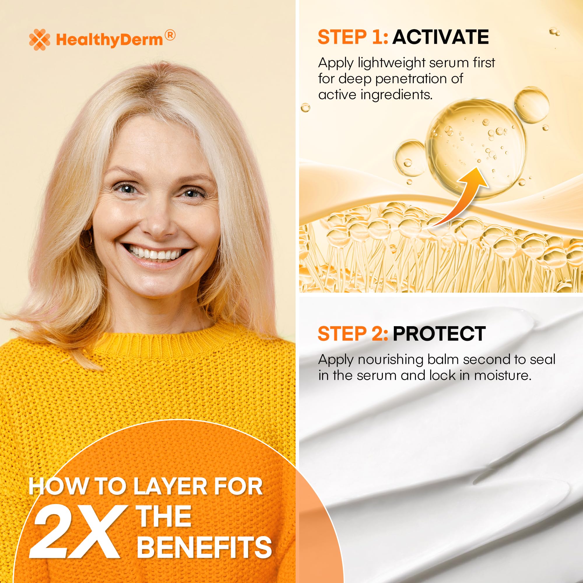 HealthyDerm two-step ritual setup—visible, non-greasy glow with regular use.