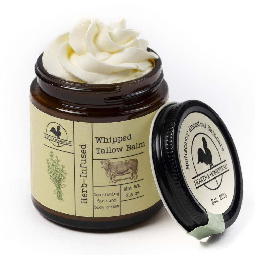 Hearth and Homestead whipped tallow balm jar delivering daily skin hydration.