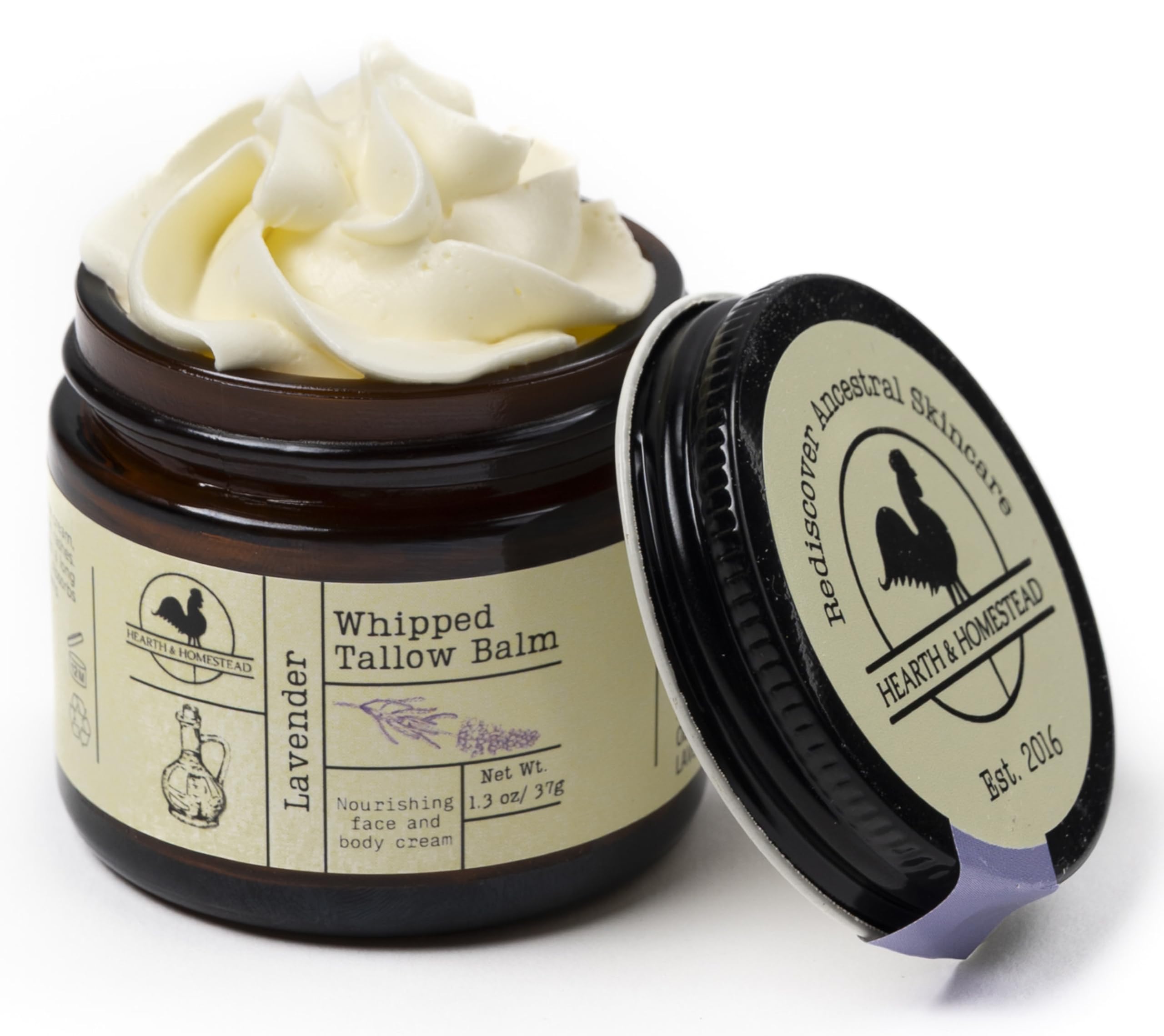 Hearth and Homestead lavender tallow balm jar for daily moisturization and soothing scent.