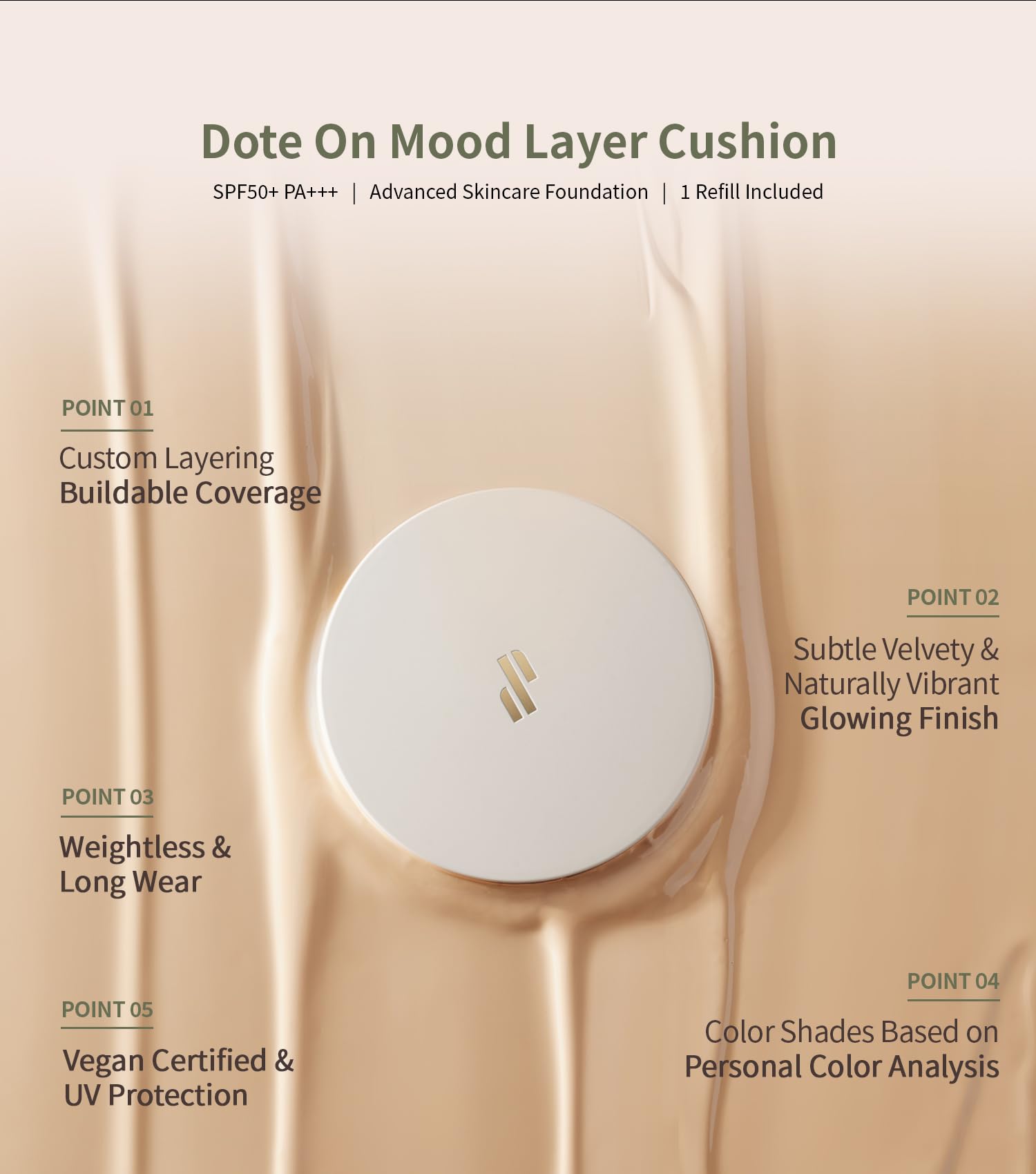 Heart Percent Dote on Mood Layer Cushion demonstrates buildable coverage with light layering.