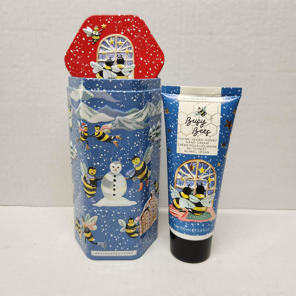 Heathcote & Ivory Busy Bees snowman tin, vegan hand cream for winter hydration