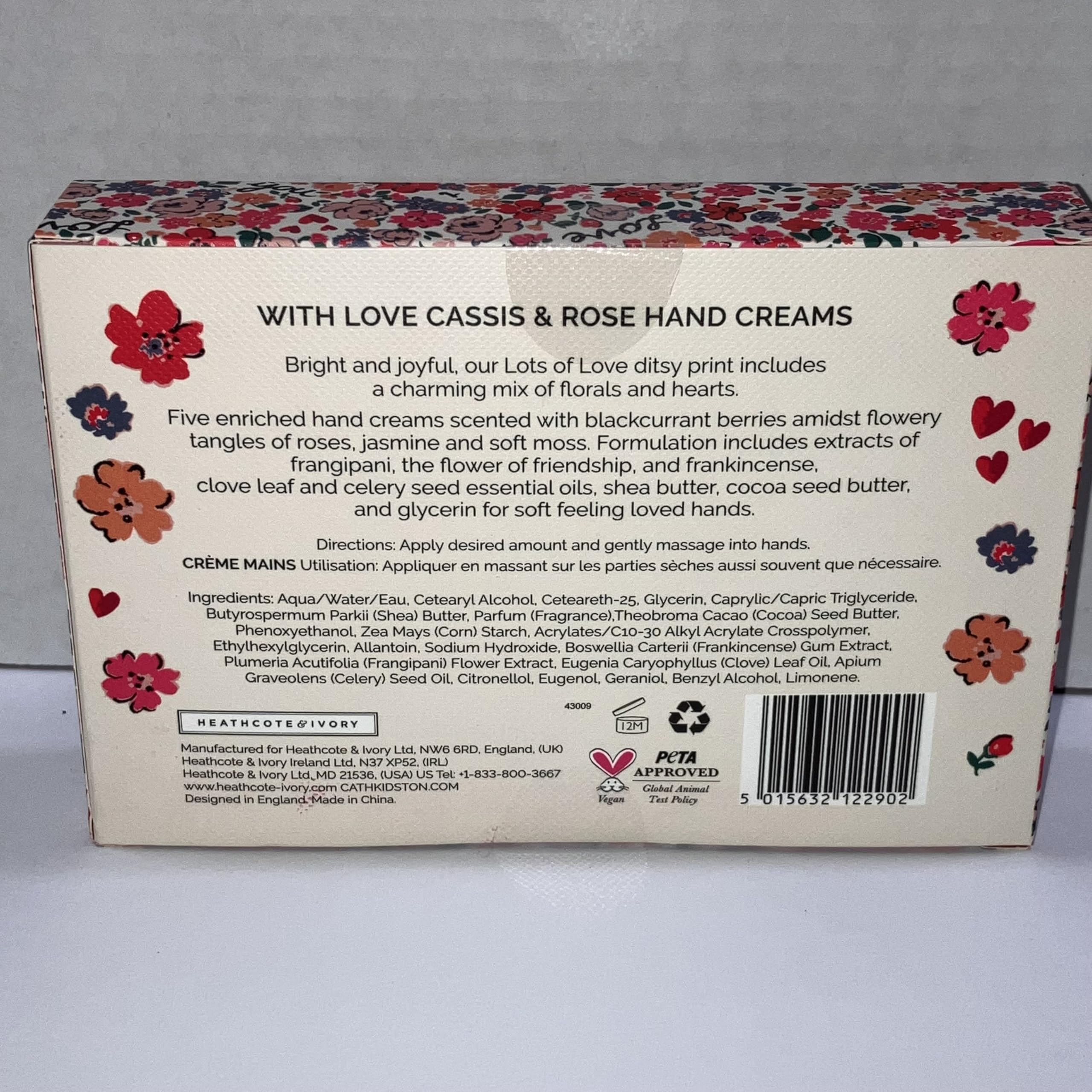 Bright ditsy floral packaging of Heathcote & Ivory hand cream set with vegan and cruelty-free notes